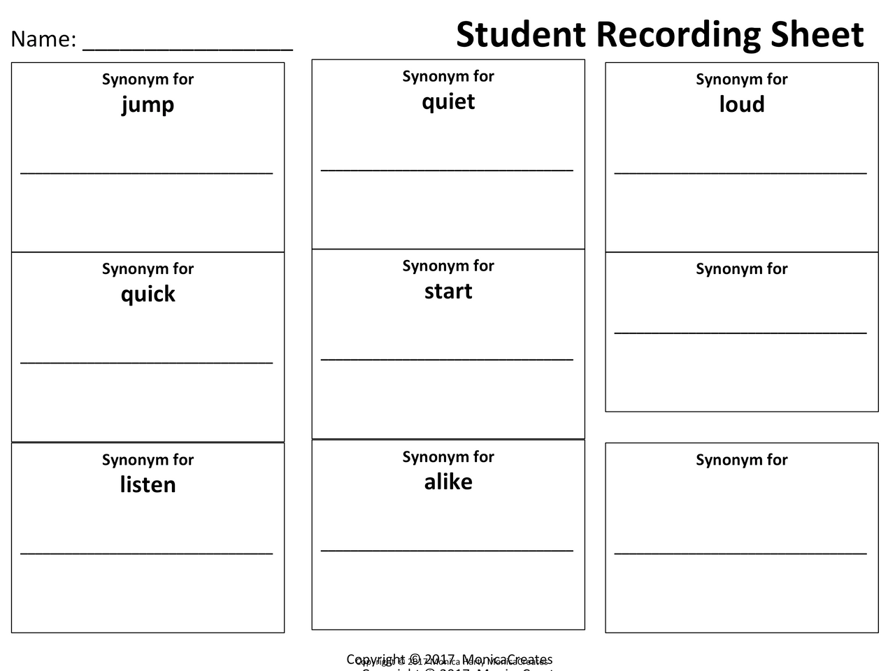 Synonyms Activity Pack Matching Activities, Student Response Sheets