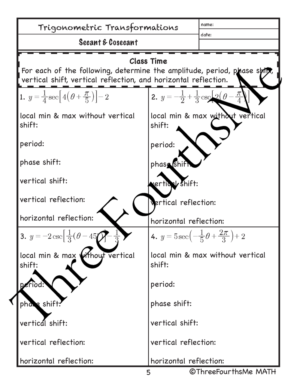 Transformations Of Cosecant And Secant Scaffolded Notes With Classwork - Amped Up Learning Transformations Of Cosecant And Secant Scaffolded Notes With Classwork - Amped Up Learning