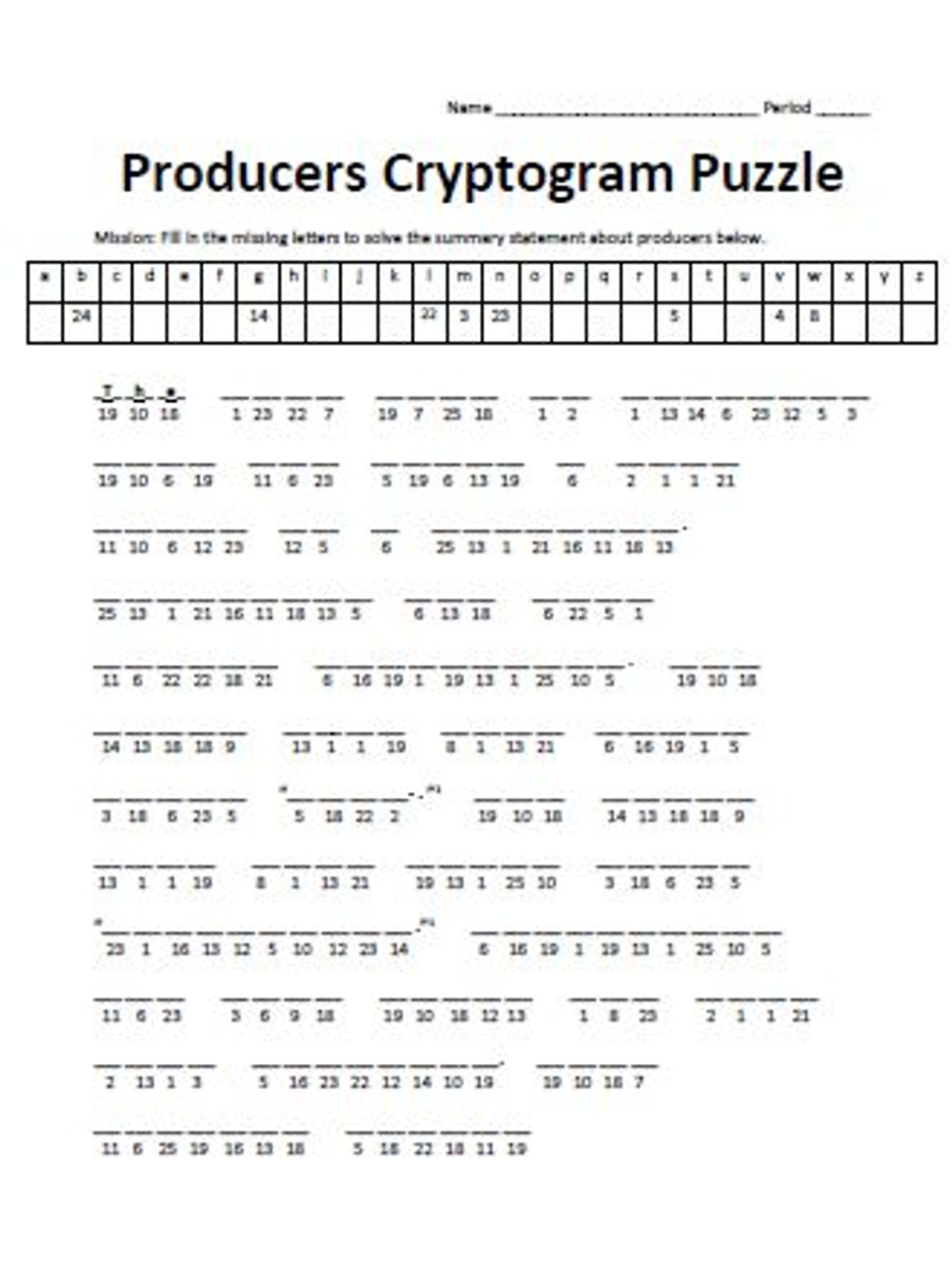 Producers Cryptogram Puzzle (Ideal Emergency Sub Plan!)