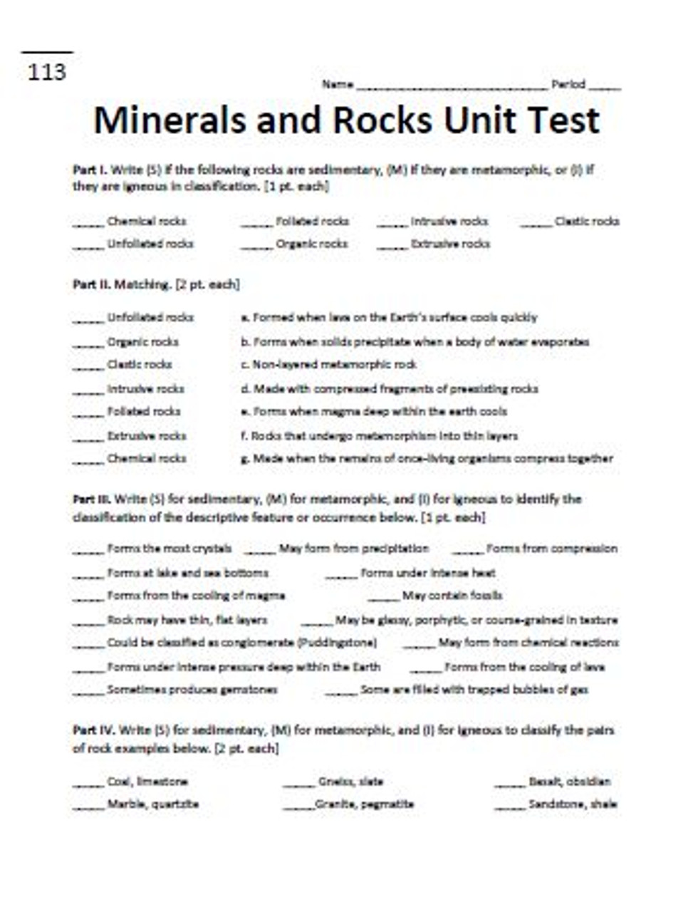 Minerals and Rocks Unit Test Series A and B for Middle School ...