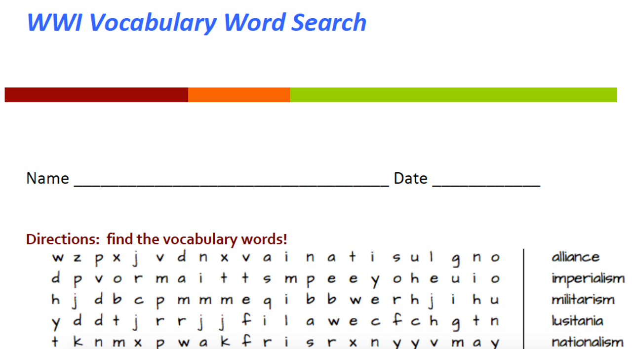 world war one word search