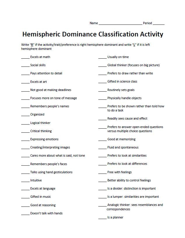 Hemispheric Dominance Characteristic Classification Activity - Amped Up ...