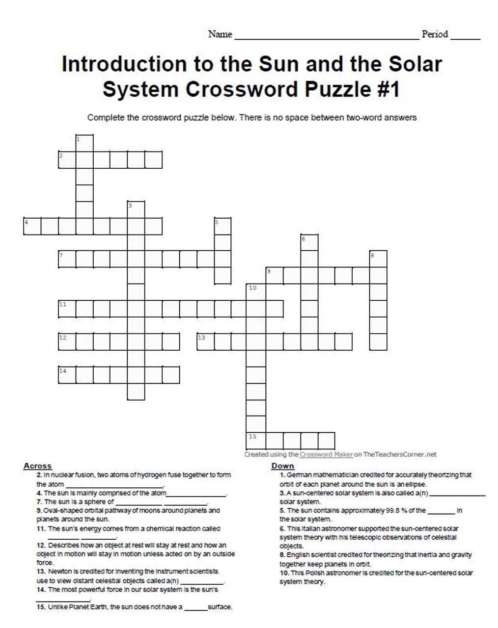Introduction to the Sun and the Solar System Crossword Puzzle Set