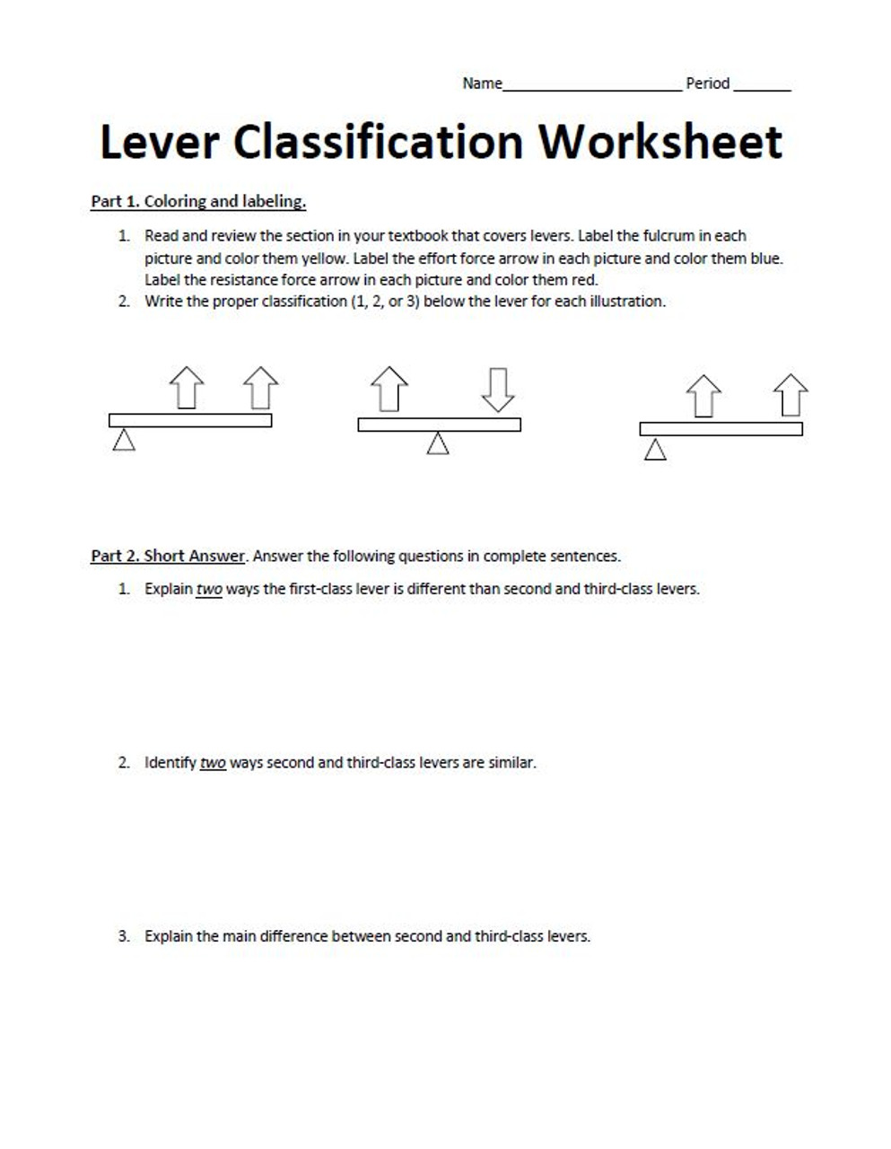 Lever Classification Worksheet Set Amped Up Learning