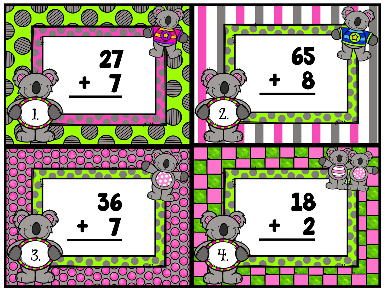 Double Digit Plus Single Digit Addition Koala Scoot Task Cards Amped Double digit plus single digit addition koala scoot task cards amped