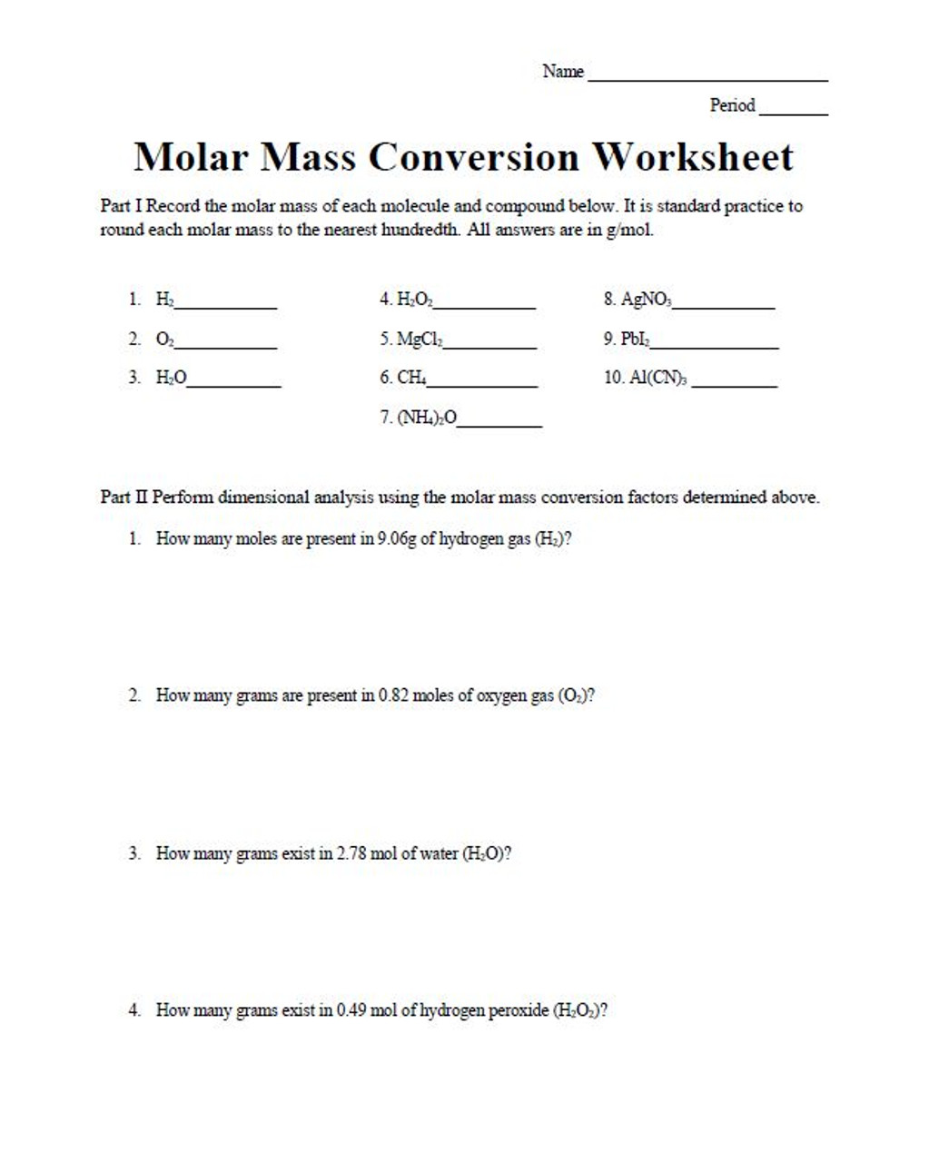 Molar Mass Practice Worksheet