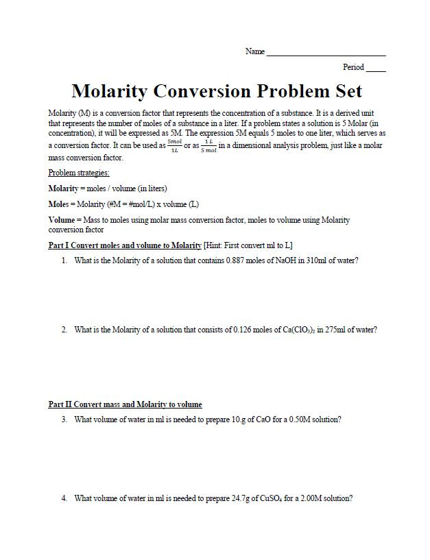 Molarity Conversion Problem Set with a Key - Amped Up Learning