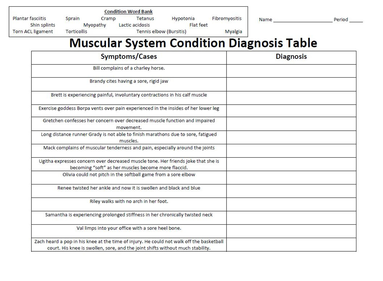 Muscular System Condition Diagnosis Table