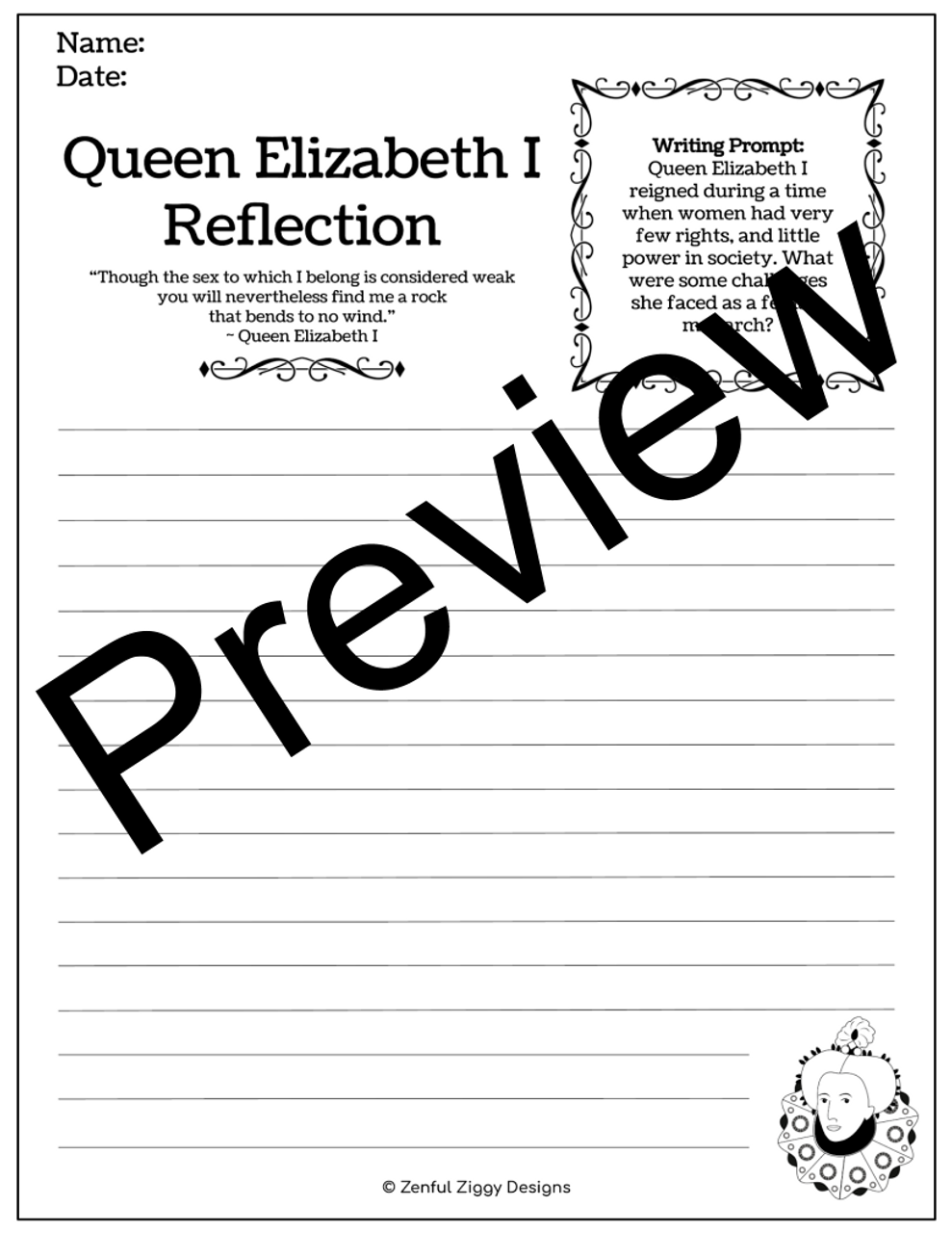 Queen Elizabeth I Activity Package- Printable Sketch Notes, Journals, Poster