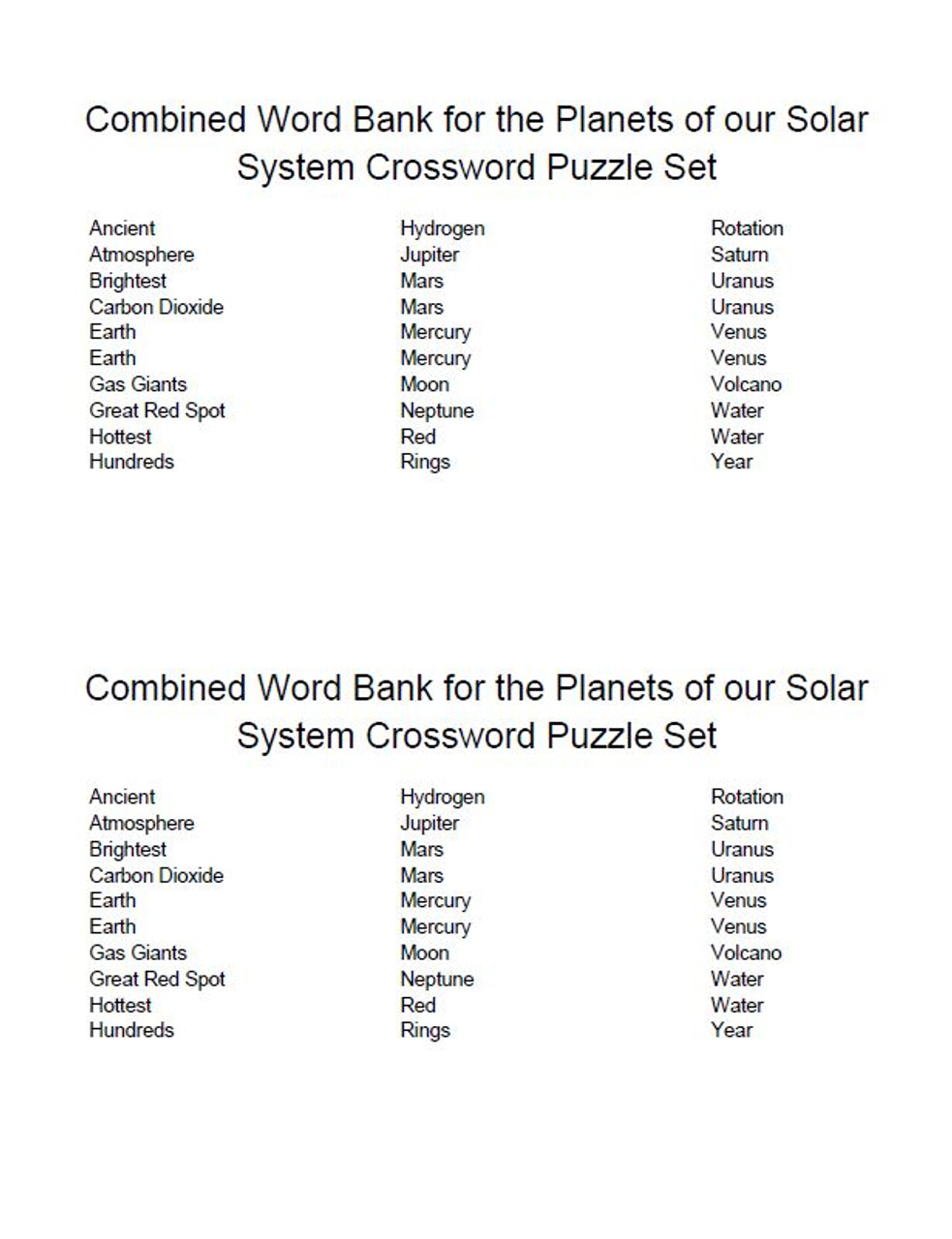 Planets of our Solar System Crossword Puzzle Set