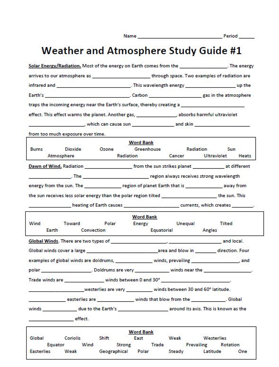 Weather and Atmosphere Study Guide #1 with a Key