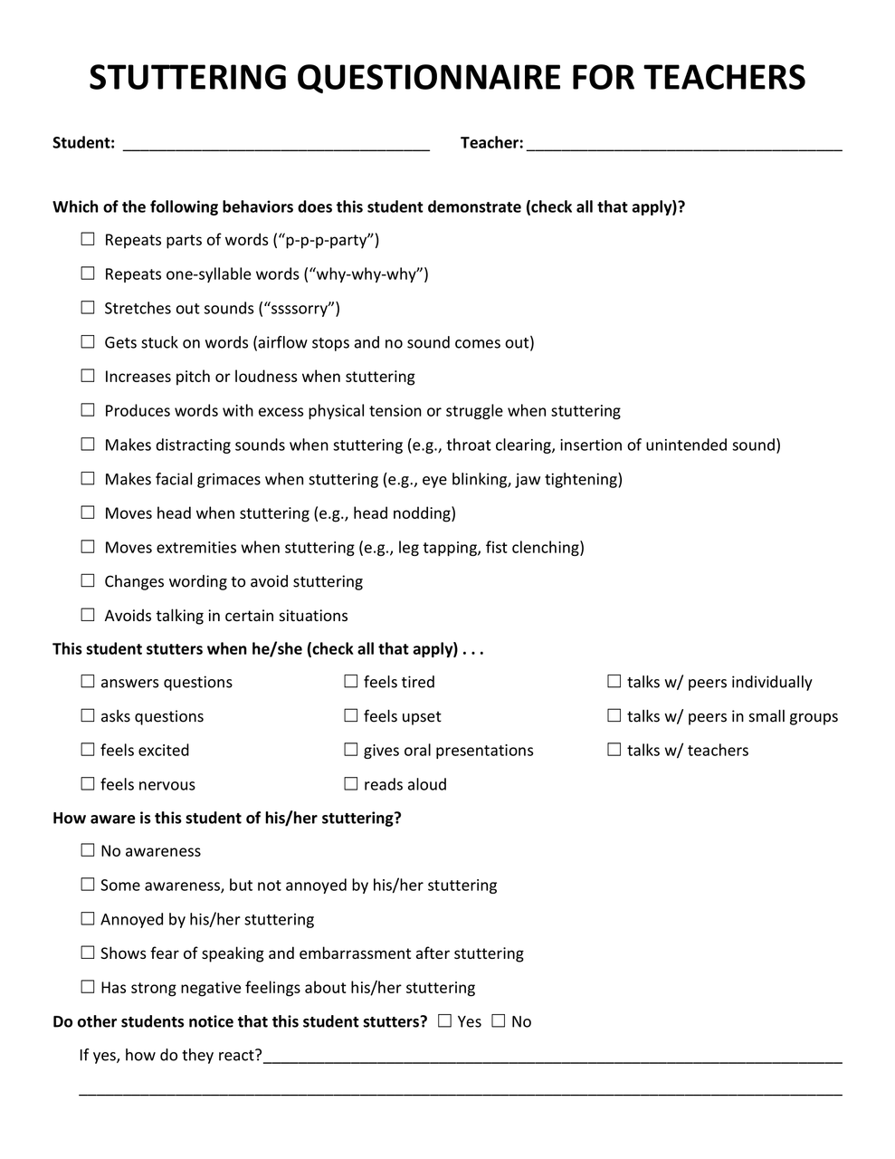 Stuttering Questionnaires for Parents & Teachers