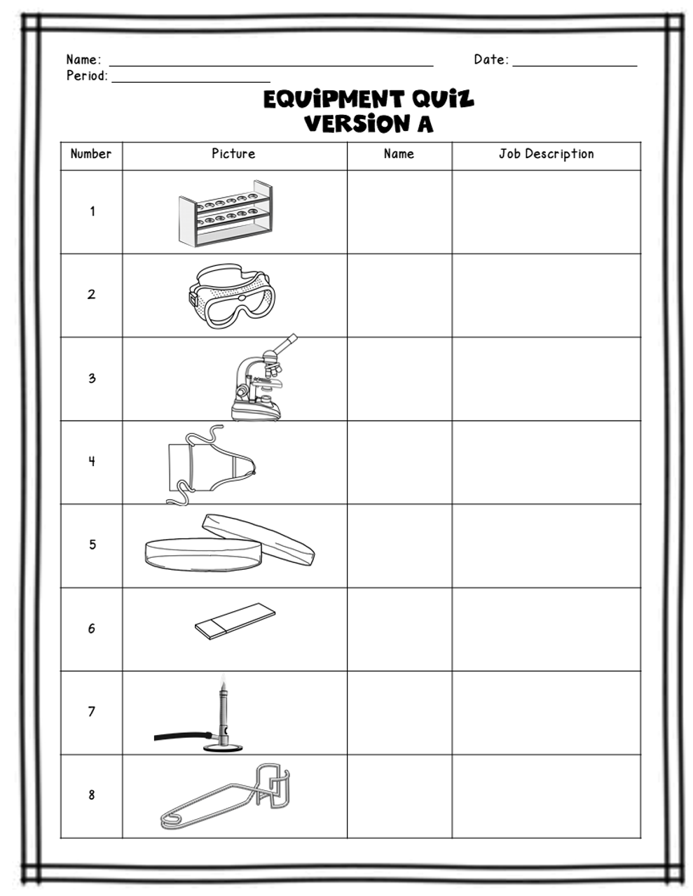 Lab Equipment Quizzes: 4 versions and differentiation