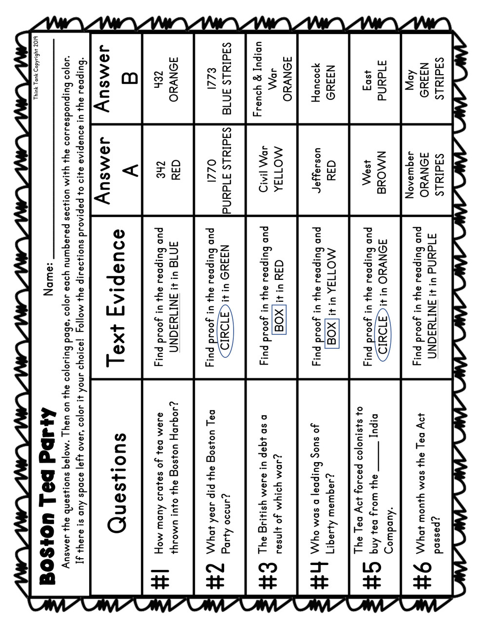 Boston Tea Party Color by Number, Reading Passage and Text Marking