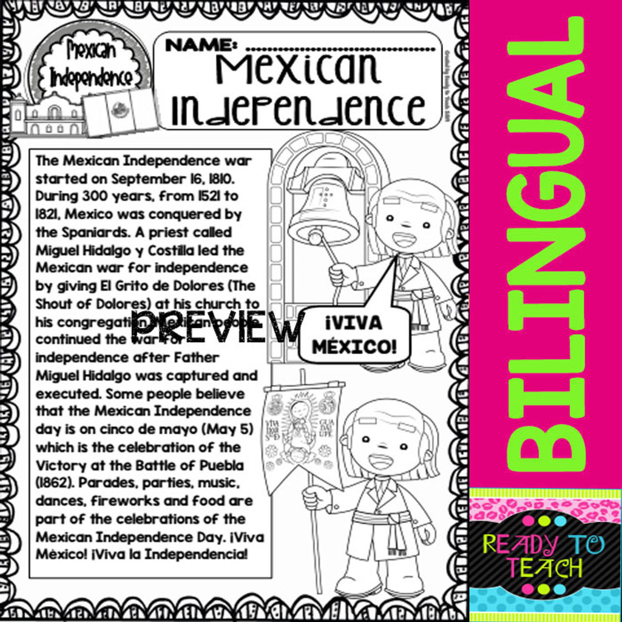 Mexican Independence - Independencia de Mexico - Reading and Worksheets - Bilingual