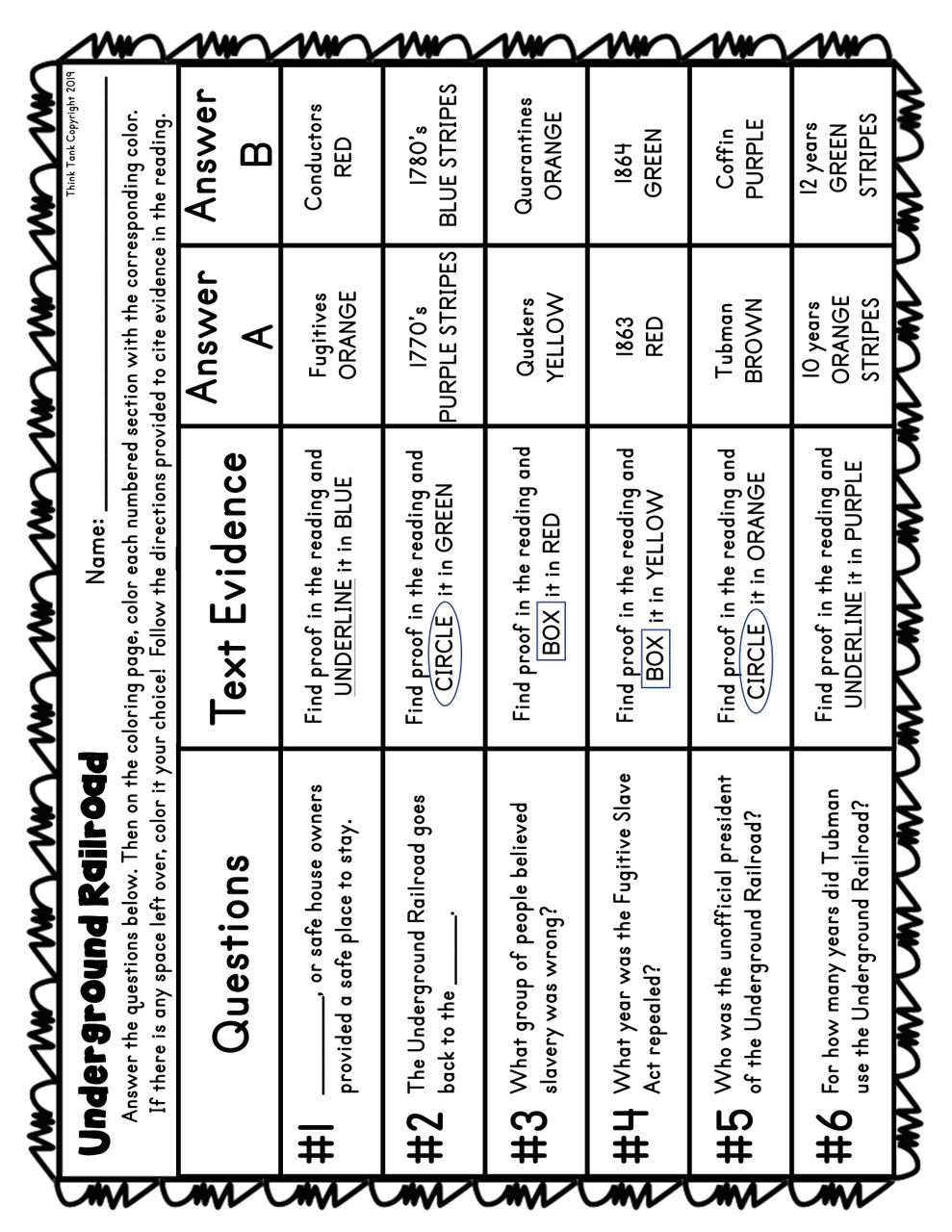 Underground Railroad Color by Number, Reading Passage and Text Marking