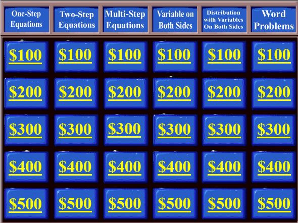 Solving Equations (All Types) Jeopardy! 30 Questions, 6 Categories ...