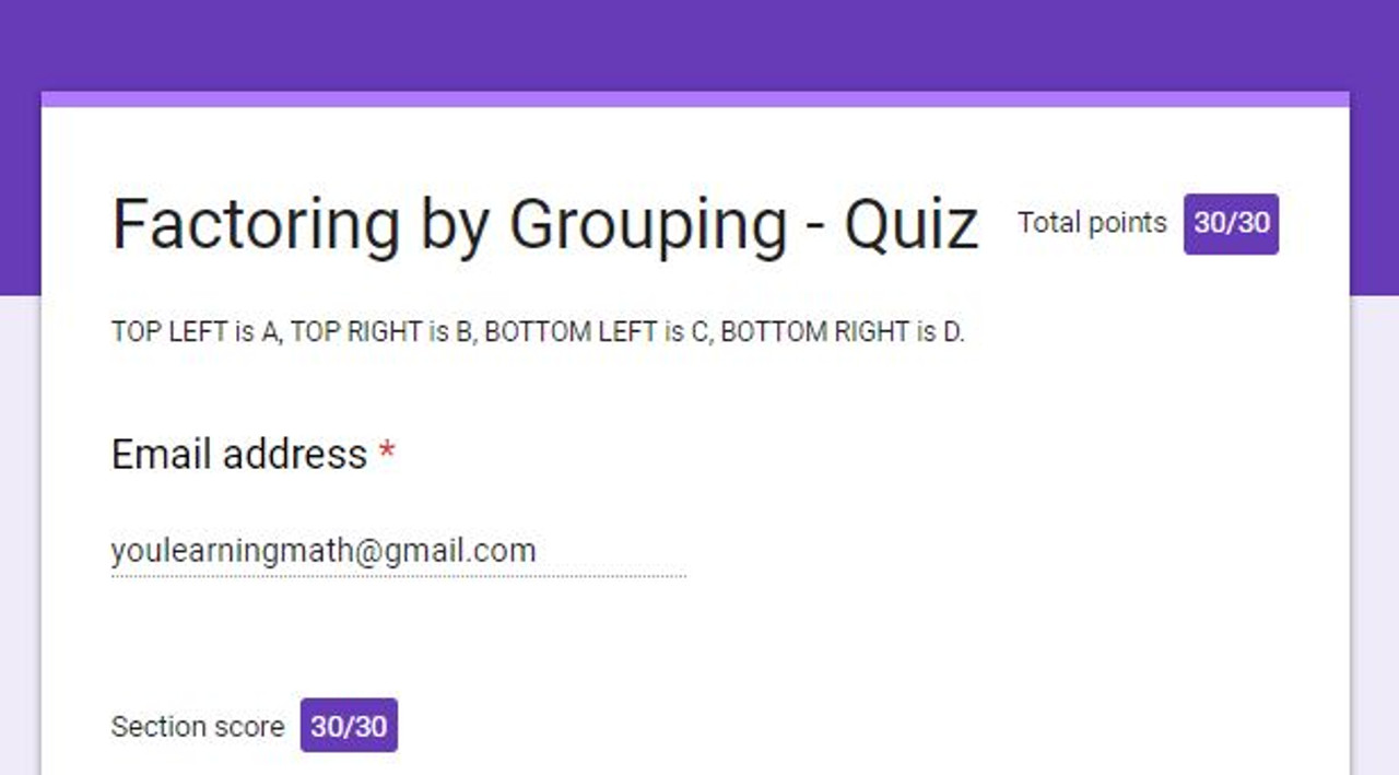 Factoring by Grouping: Google Forms Quiz - 20 Problems