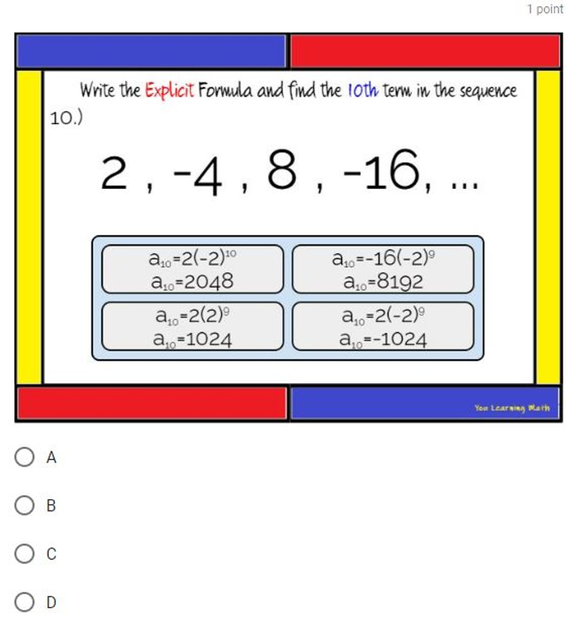 Geometric Sequences: Recursive and Explicit Formulas - Google Forms Quiz - 20 Problems