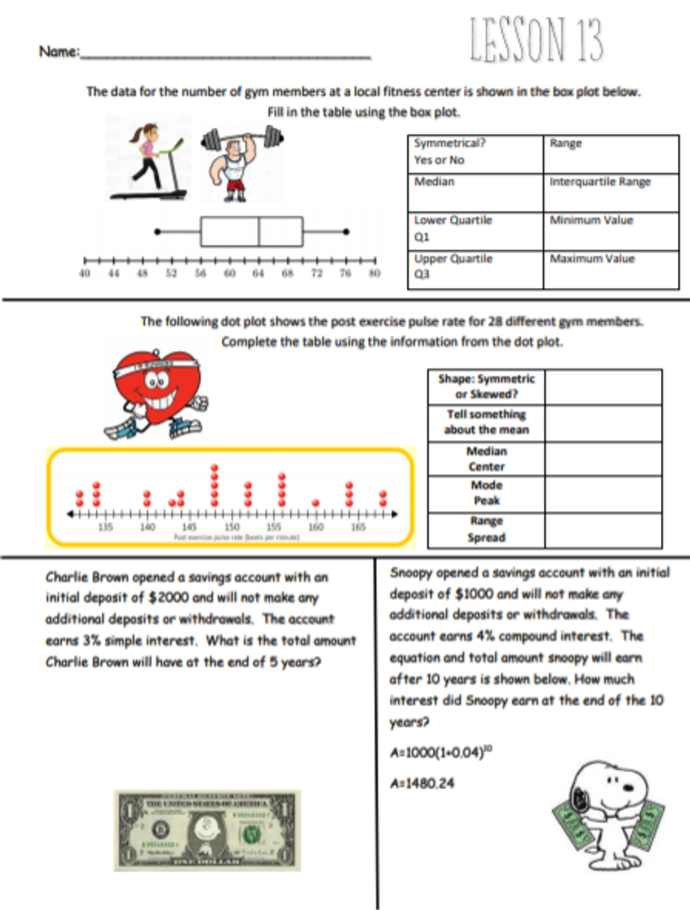 13 Assignments covering Data, Proportions, Percents & Equations (grade7)