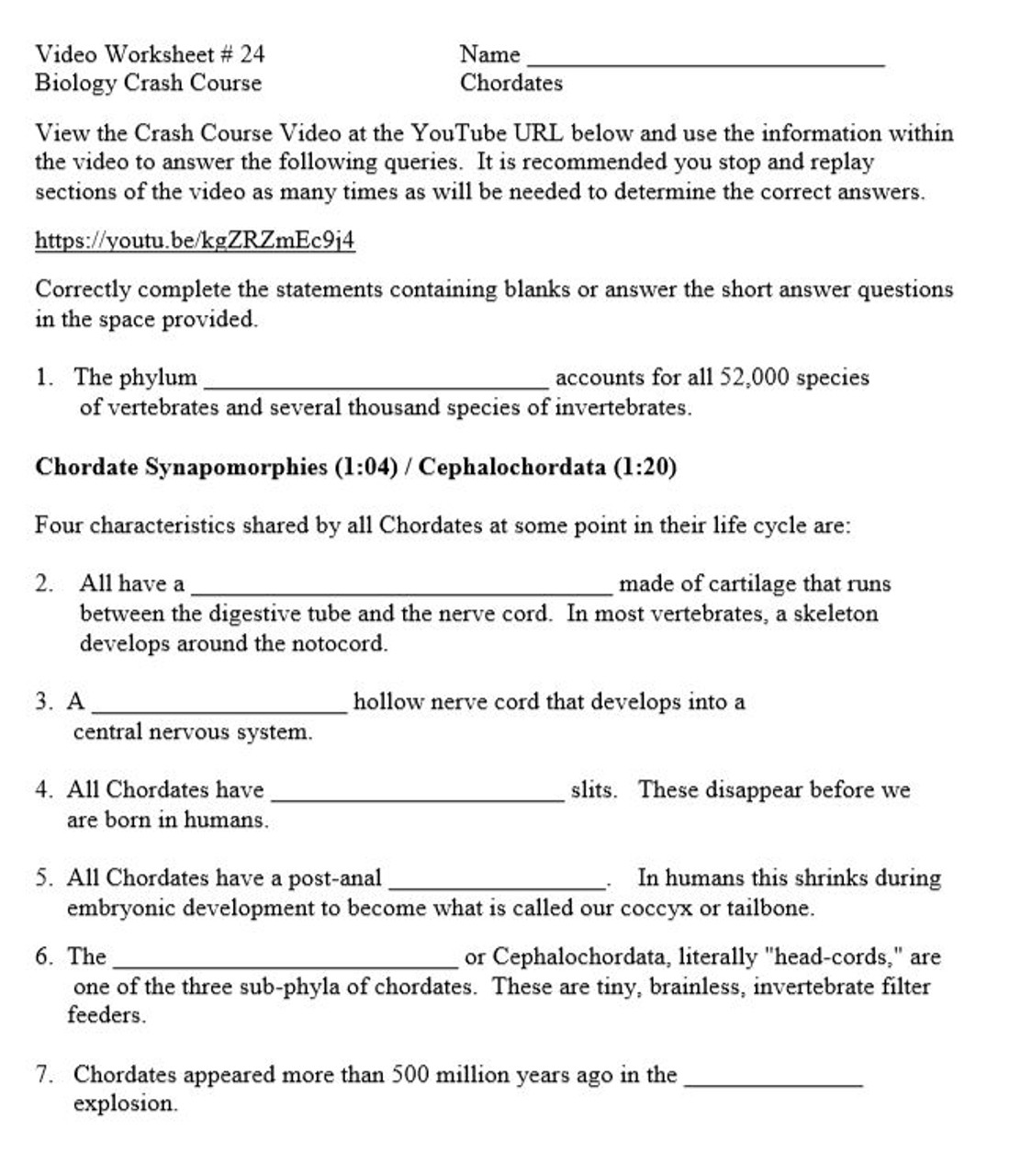 Crash Course Biology Video Worksheet 24: Chordates