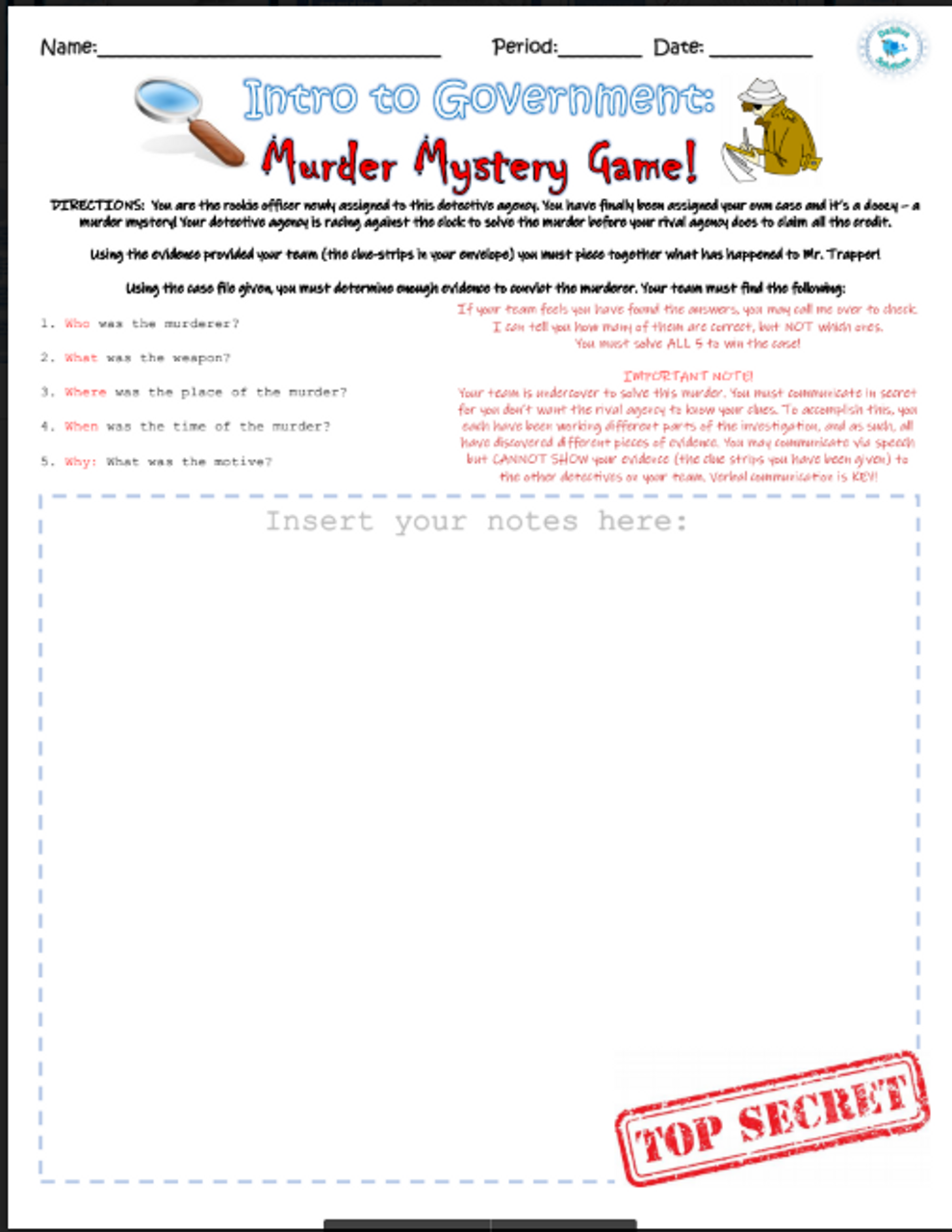 Introduction to Government: Murder Mystery Game
