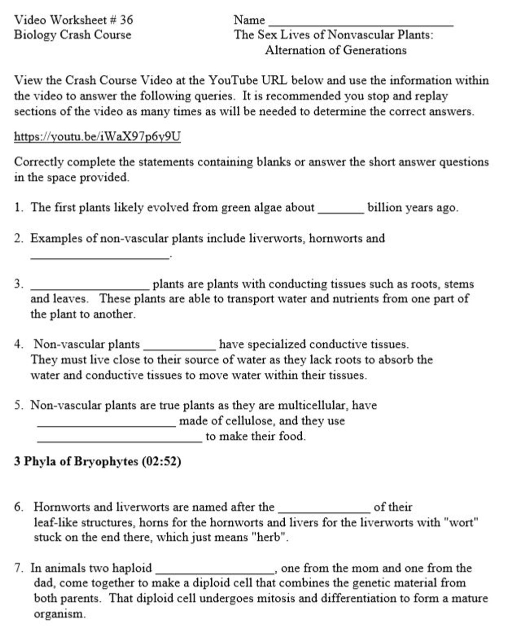 Crash Course Biology Video Worksheet 36 The Sex Lives Of Nonvascular Plants Alternation Of