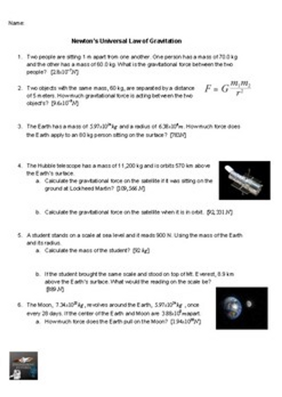 Newton's Universal Law of Gravitation Worksheet Amped Up Learning