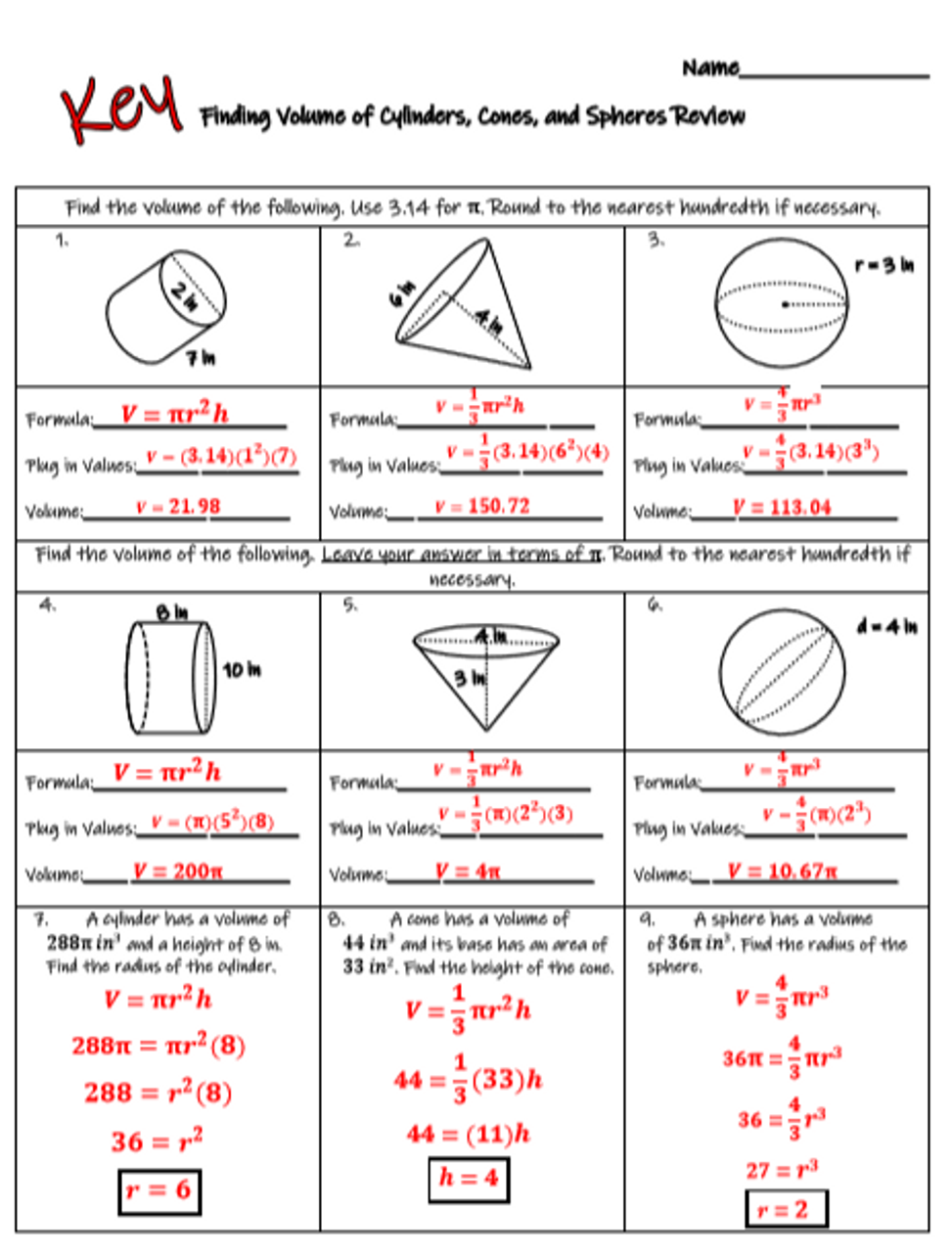 volume of cylinders cones and spheres review with word problems amped up learning