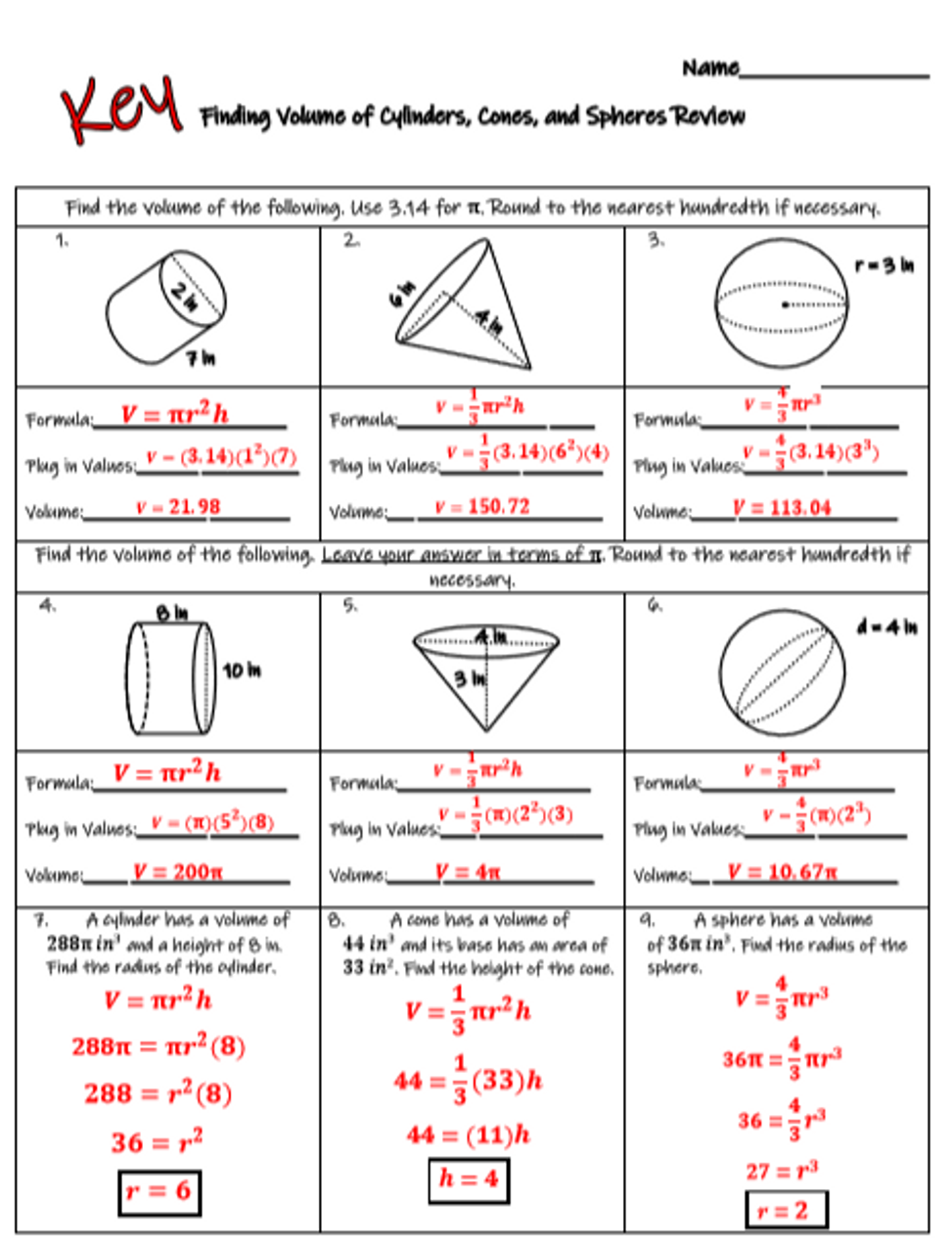 Volume of Cylinders, Cones, and Spheres Review with Word Problems Pertaining To Volume Of Sphere Worksheet