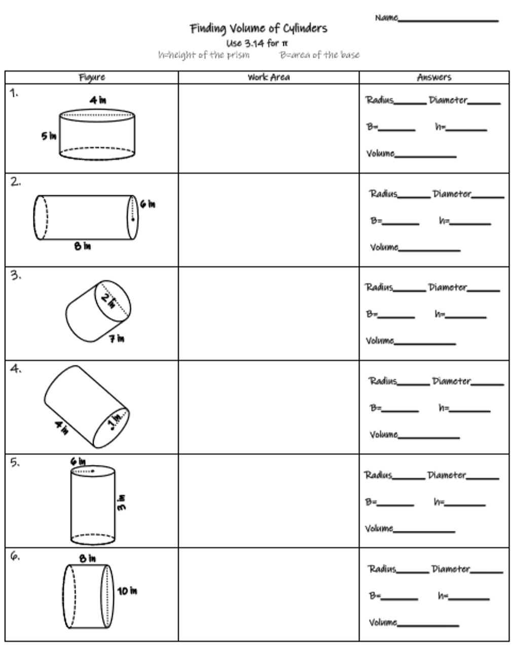 volume of a cylinder worksheet