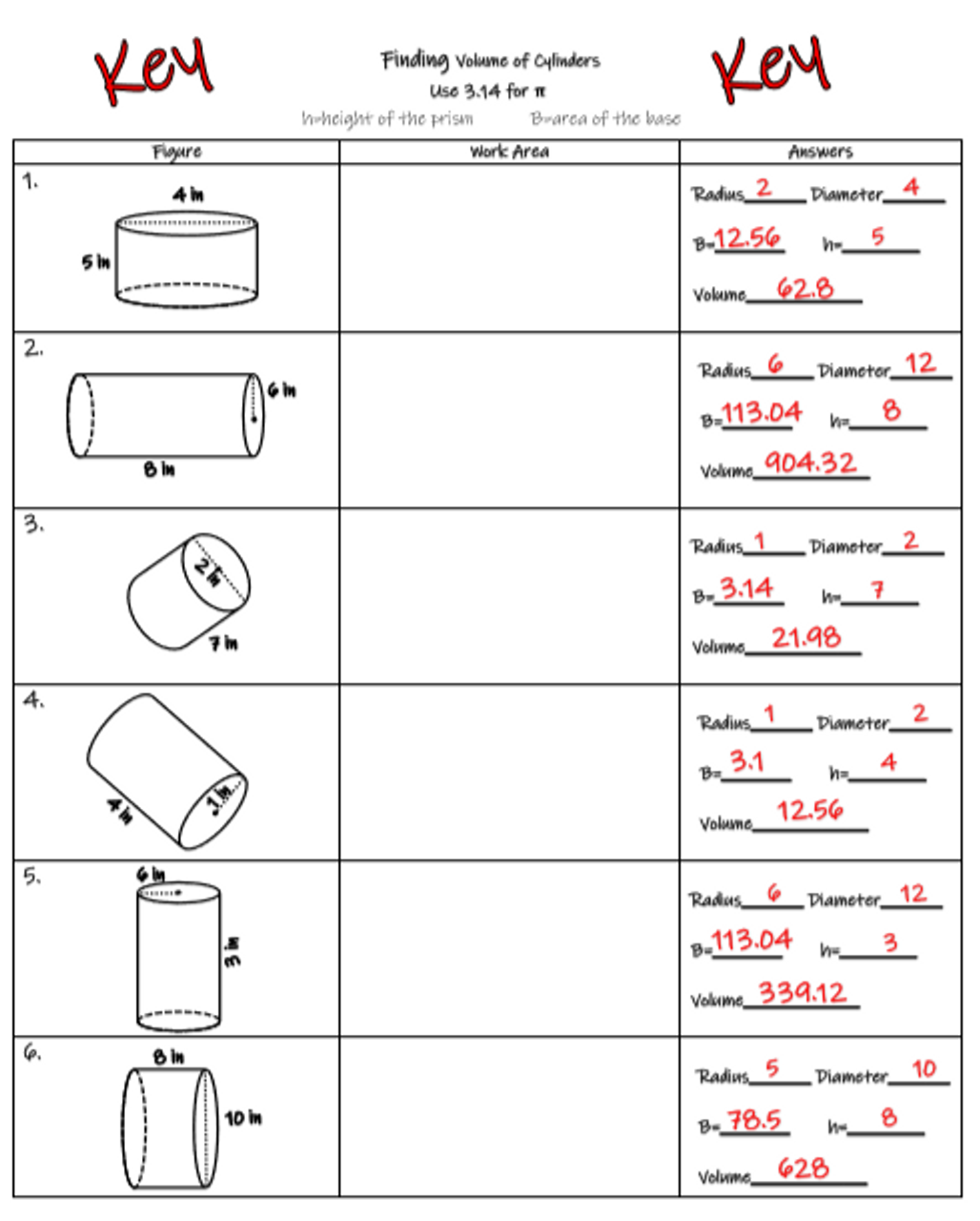 volume of a cylinder worksheet