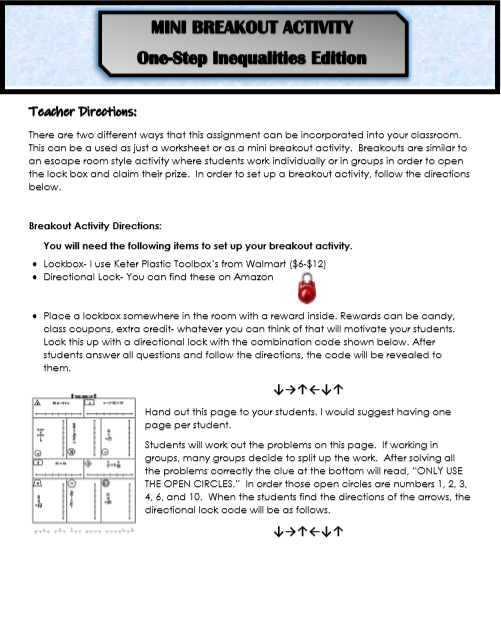 One-Step Inequalities Mini Breakout Activity (Solving and Graphing)