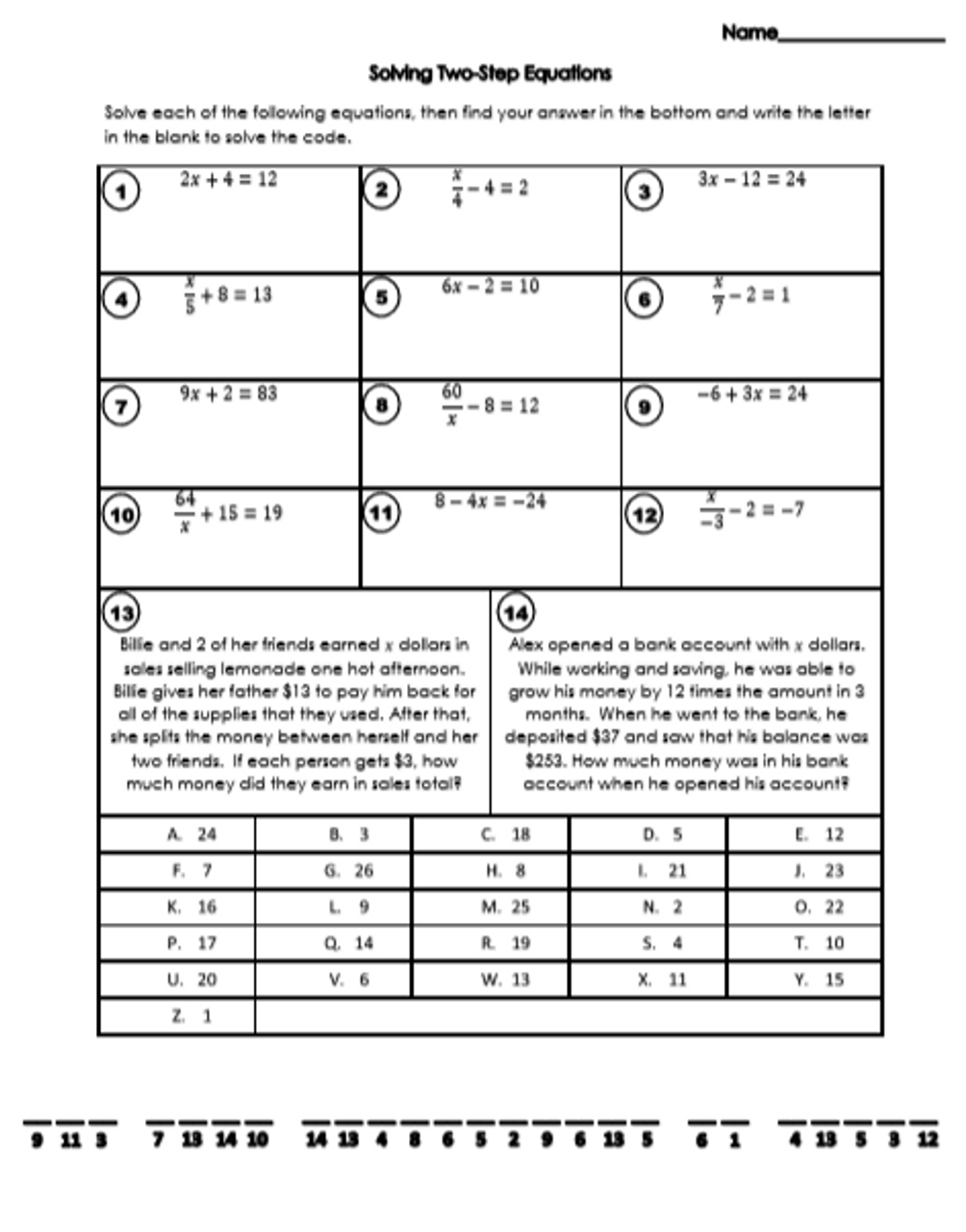 Two Step Equations Mini Breakout Activity