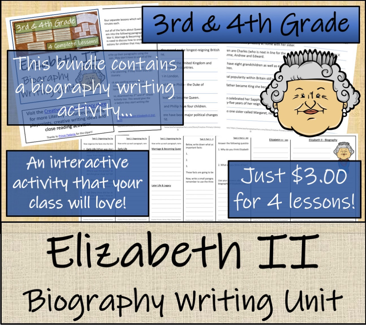 Queen Elizabeth II - 3rd & 4th Grade Close Read & Biography Writing Bundle