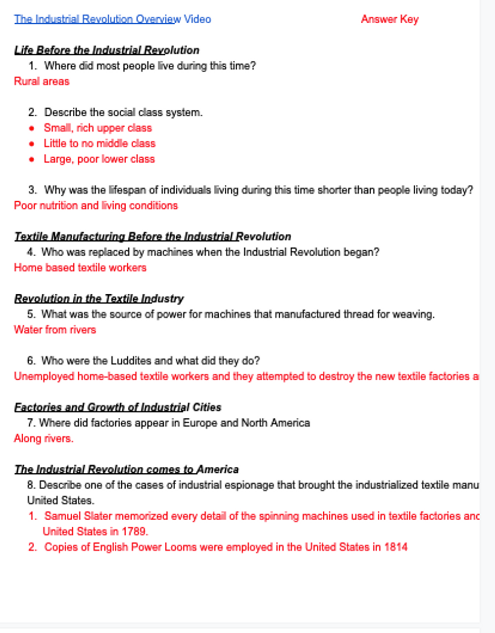 Industrial Revolution Video Overview Questions
