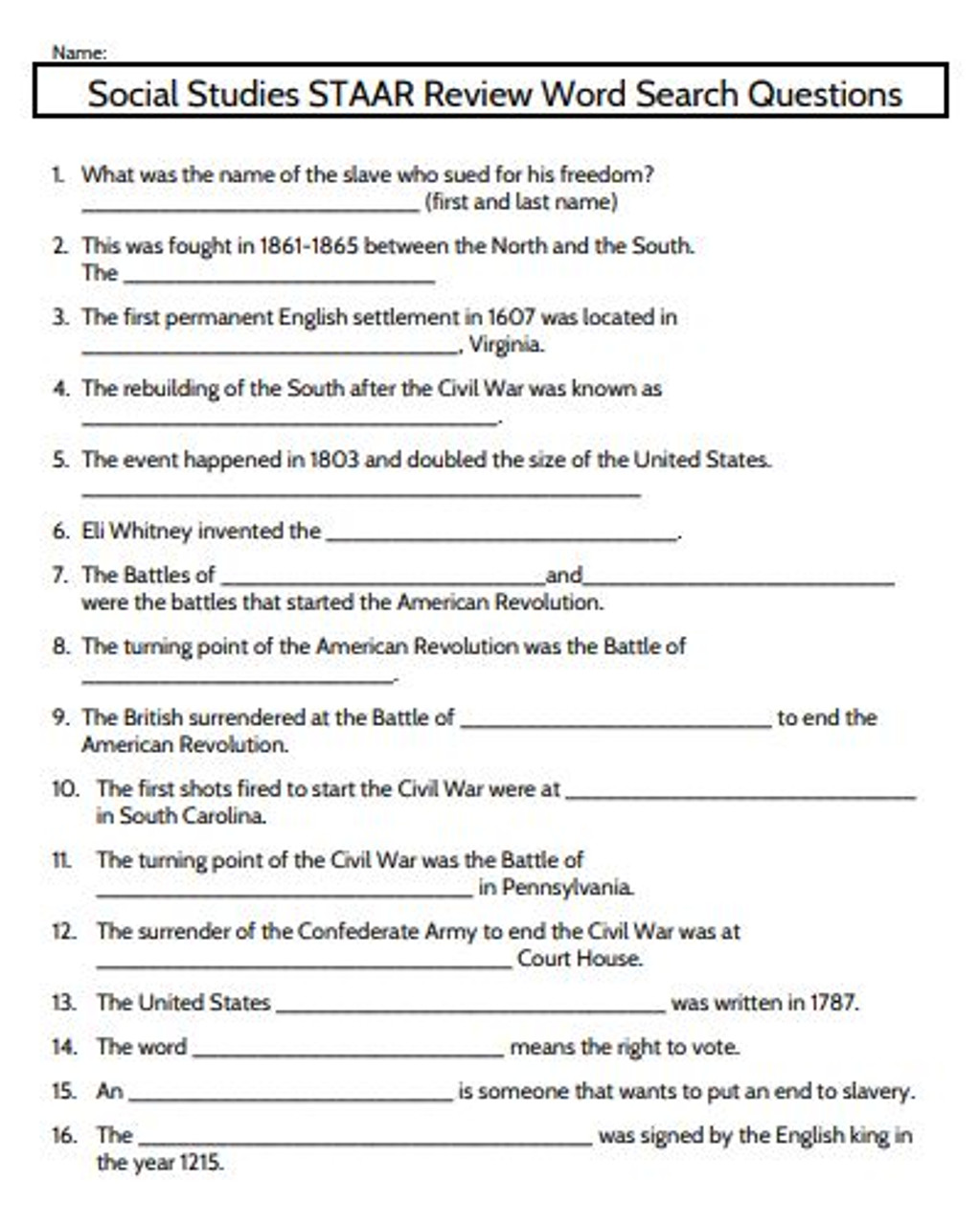 8th Grade Social Studies STAAR Review - Questions and Word Search Puzzle