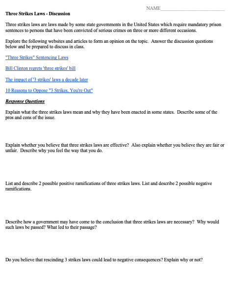 3 Strikes Laws Discussion Questions Amped Up Learning
