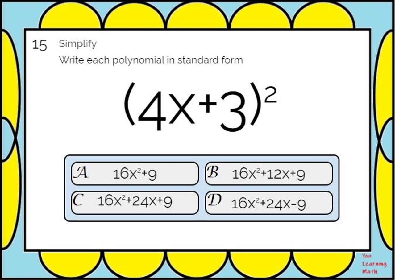 Simplifying and Factoring Polynomials: Google Forms Quiz - 31 Problems