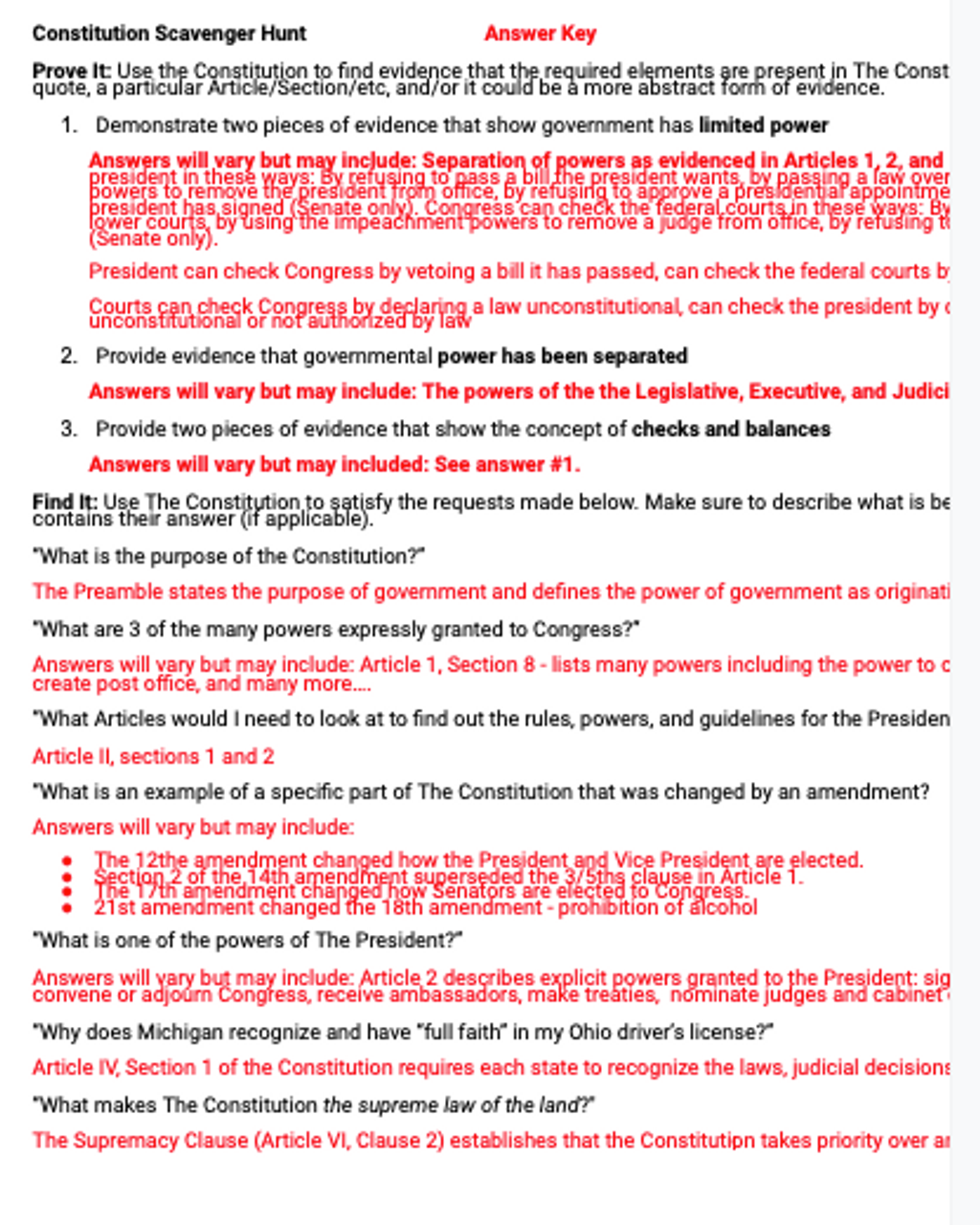 U.S. Constitution Scavenger Hunt In Constitution Scavenger Hunt Worksheet