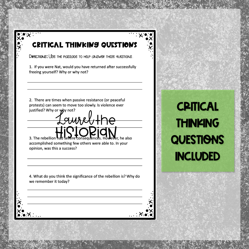 Nat Turner's Rebellion Reading Passage with Critical Thinking ...
