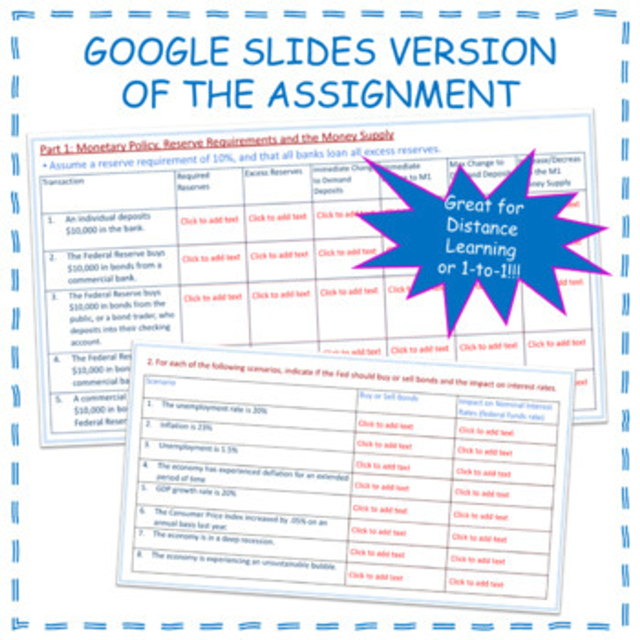Federal Reserve Policy Economic Worksheet or Google Slides