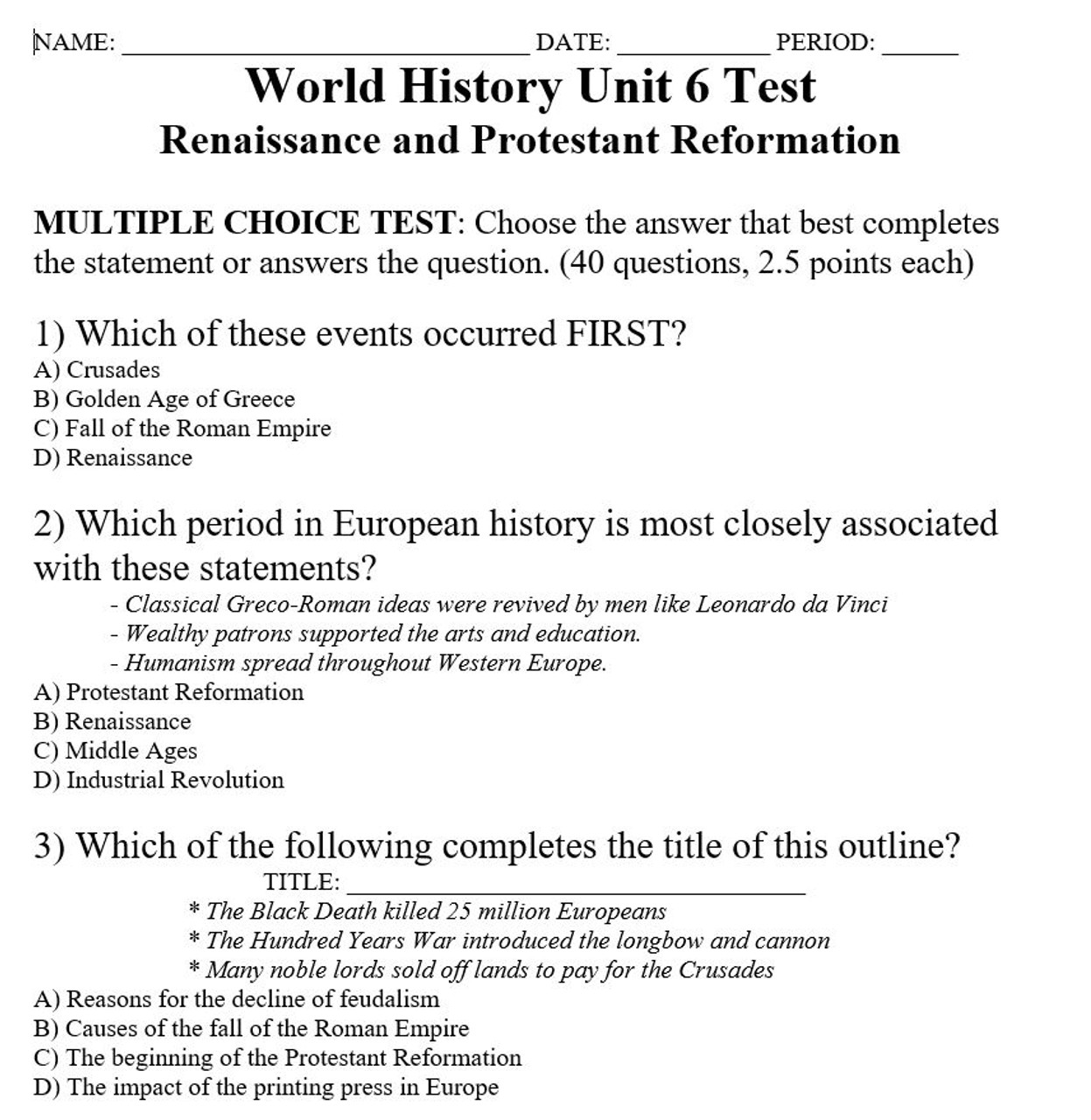 Renaissance and Protestant Reformation Test Pertaining To Protestant Reformation Worksheet Answers