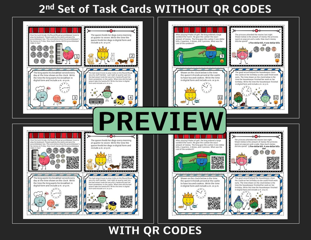 2nd Grade Math Game -  Word Problems - Addition and Subtraction 2-digit Numbers, Time, and Money with QR Codes