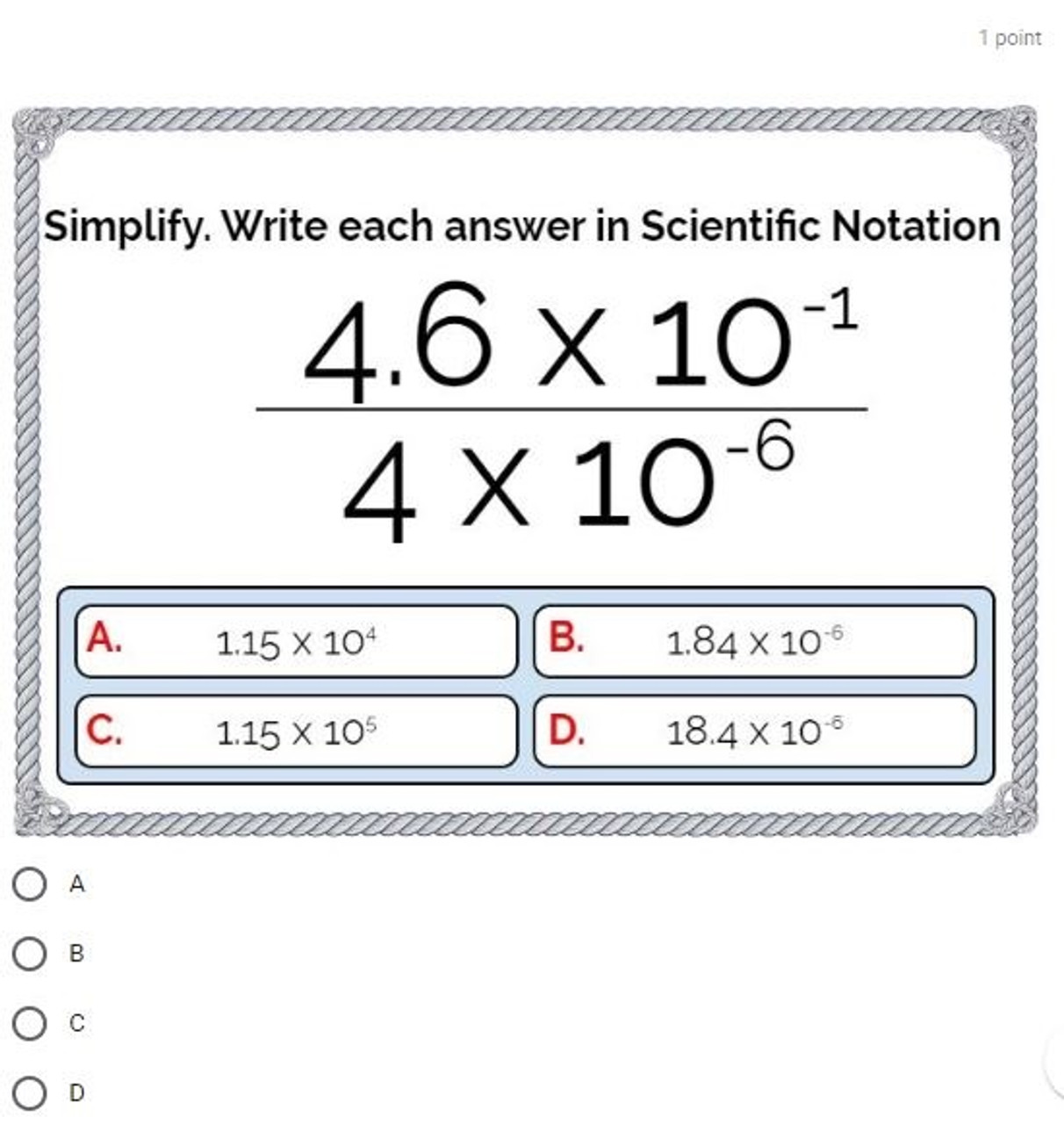 Operations with Numbers in Scientific Notation: Google Forms Quiz - 20 Problems