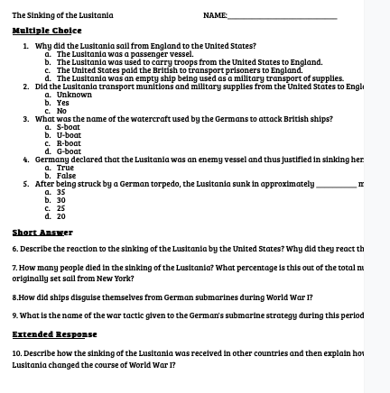 The Sinking of the Lusitania Reading and Worksheet
