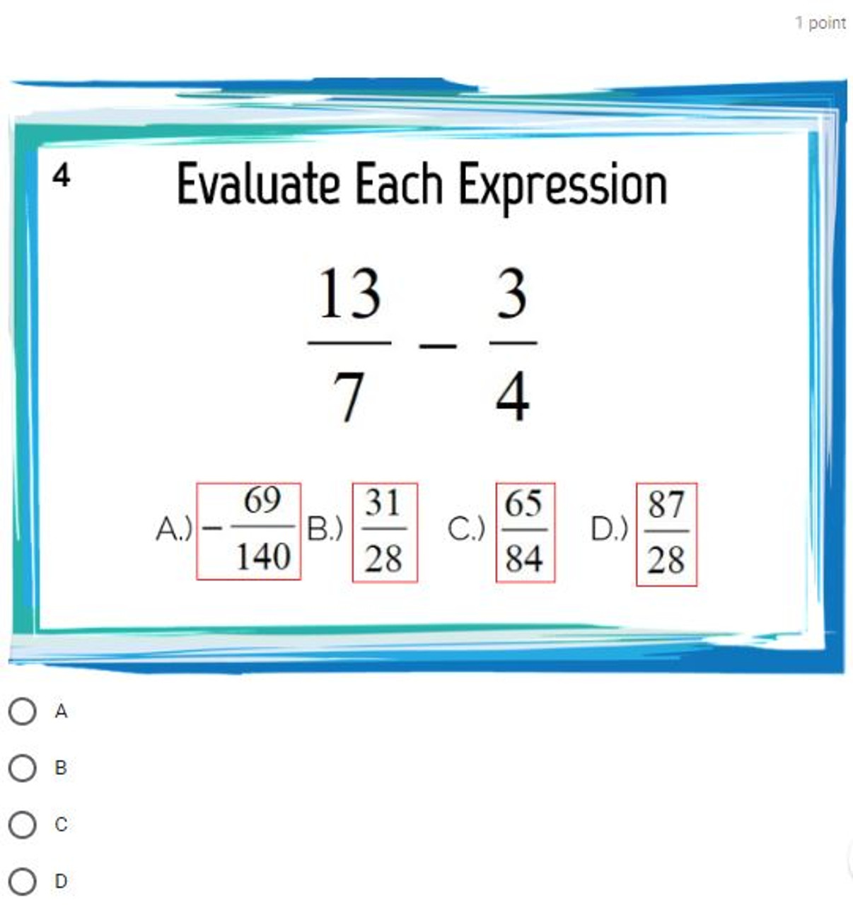 Adding and Subtracting Improper Fractions: GOOGLE Forms Quiz - 20 Problems