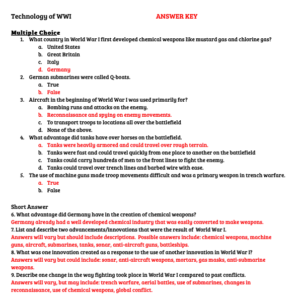 Technology of World War I Reading and Worksheet