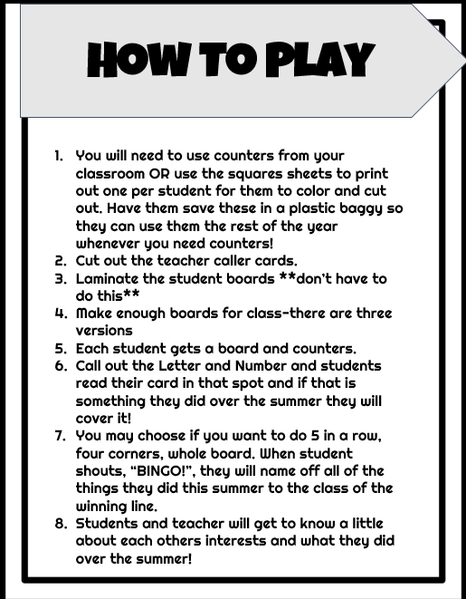Back to School Bingo