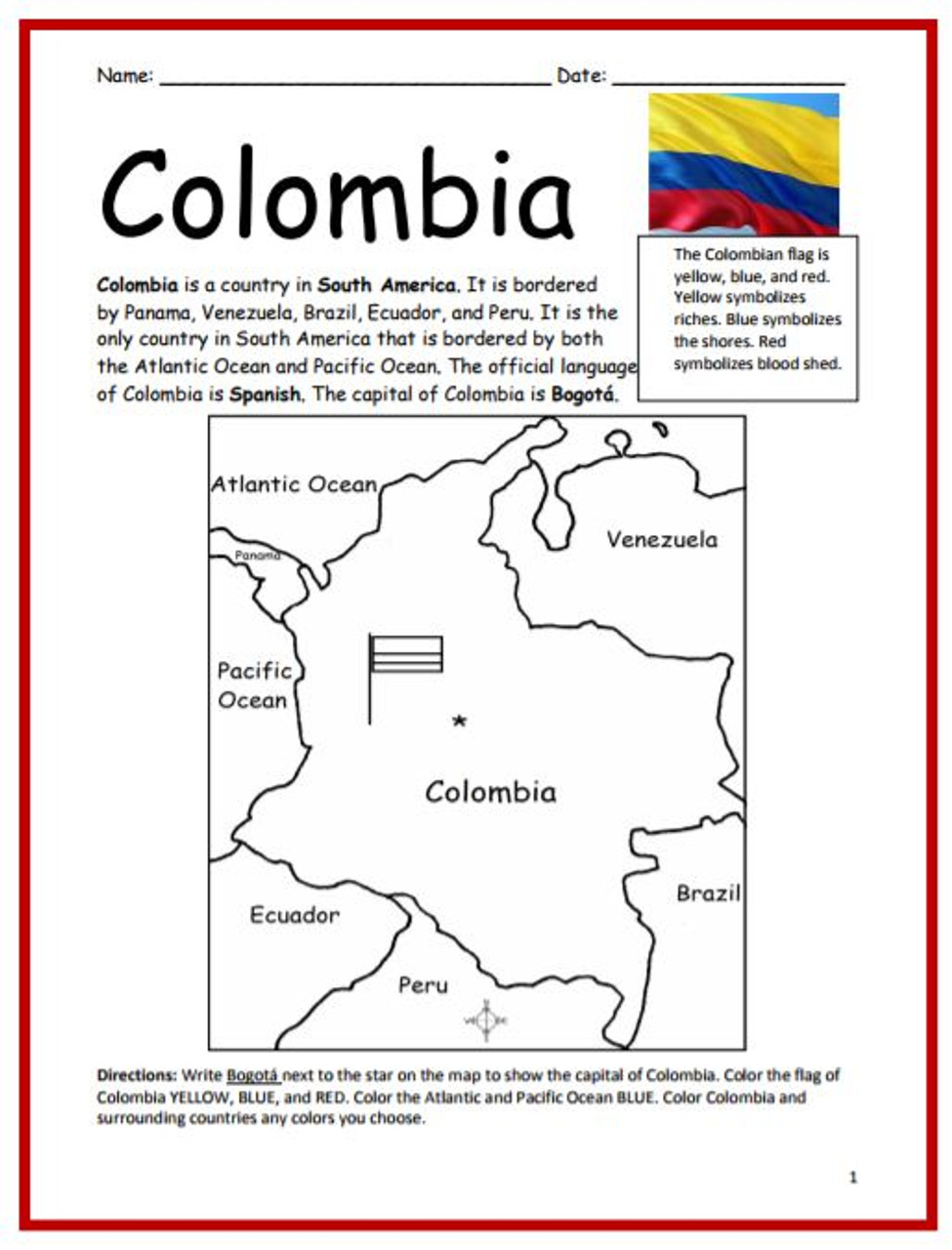 colombia flag coloring map